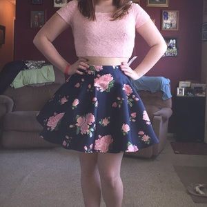 Pink and navy blue floral print two piece